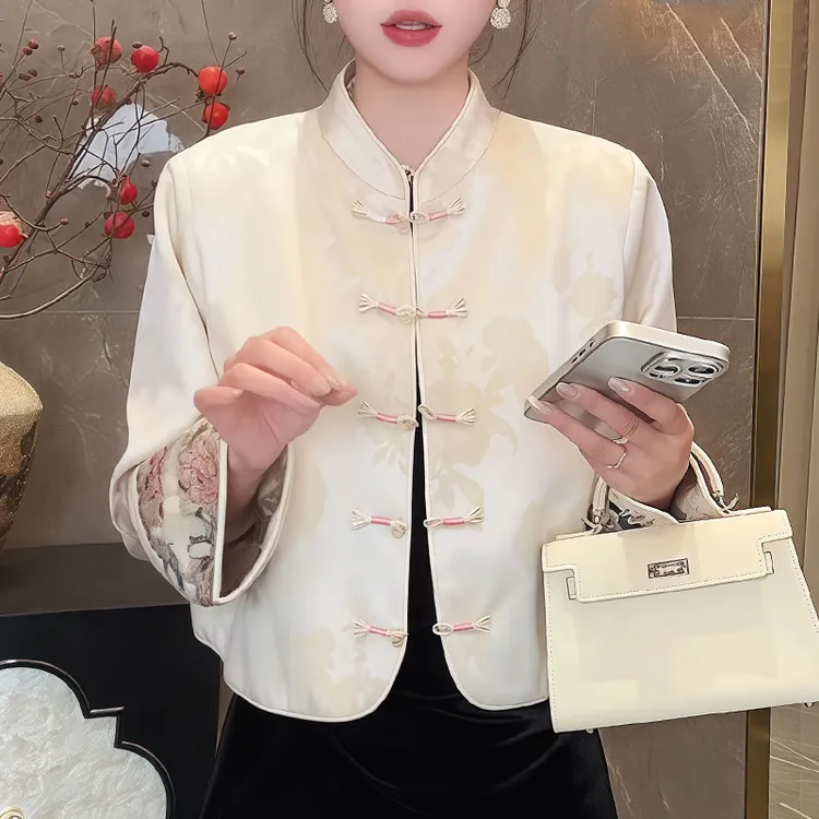 缎面新中式国风知性风女装提花重工刺绣上衣春秋唐装盘扣短款外套