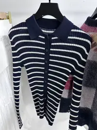 10227【Mc订单】女针织毛针织衫蓝白条纹针织开衫条纹polo长袖时尚