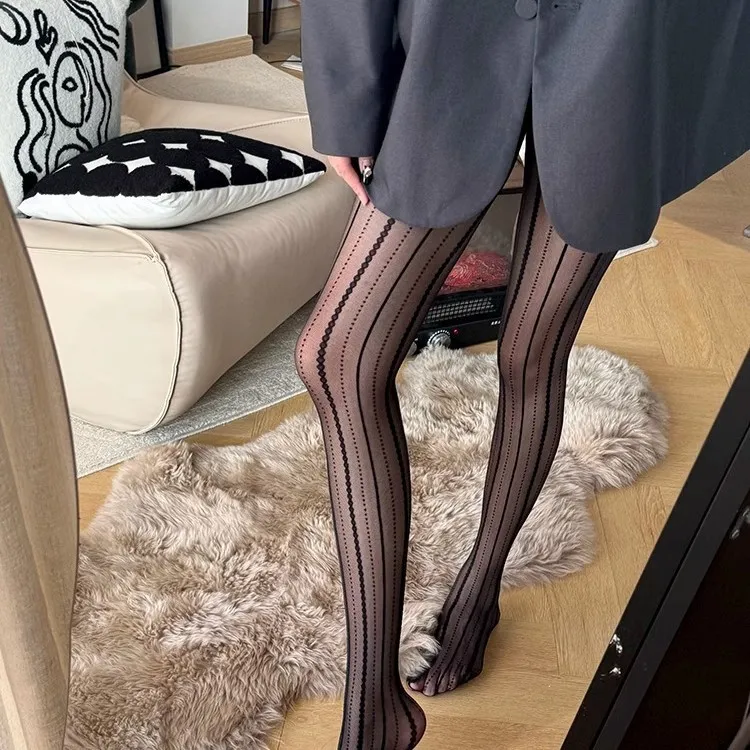 法式复古优雅蕾丝灰色丝袜女超薄夏季竖条纹珠链提花lolita连裤袜