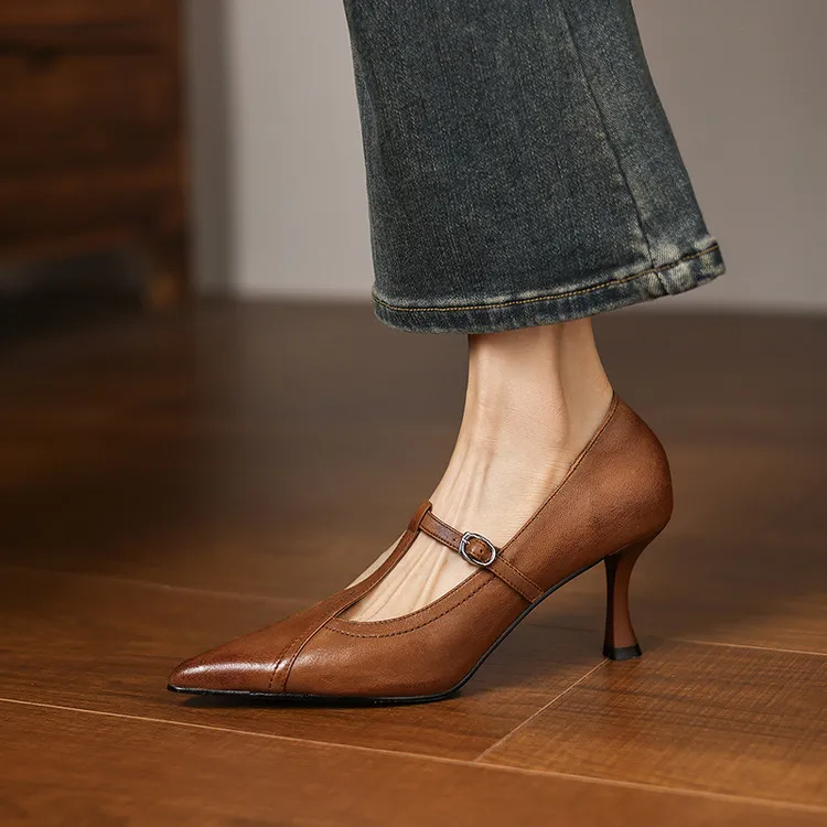 羊皮~7cm法式尖头浅口真皮单鞋女气质通勤高跟鞋复古棕色细跟小众