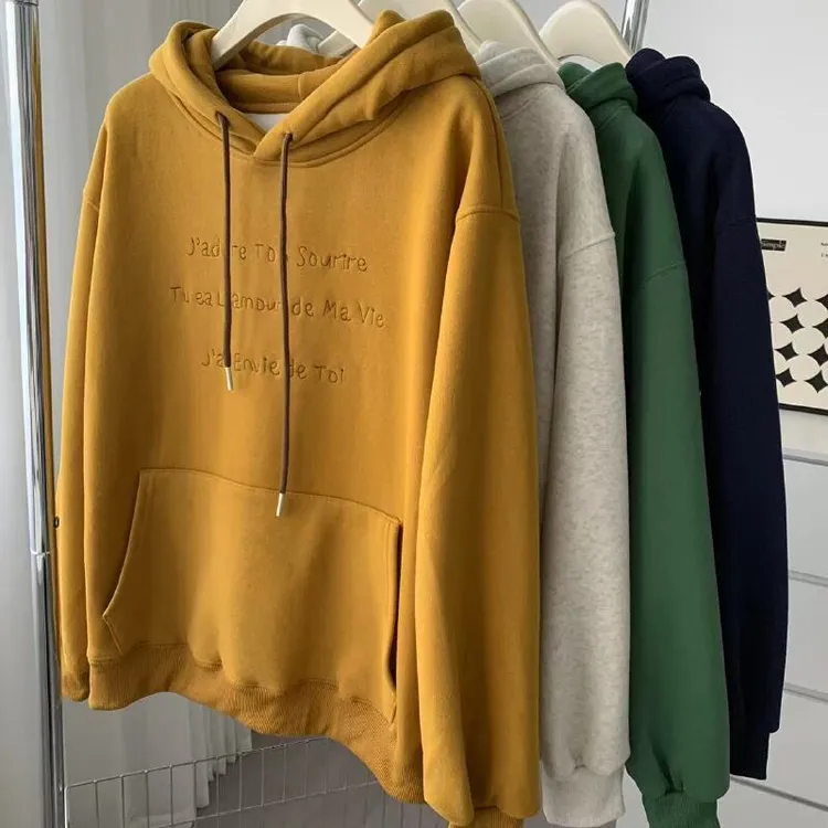 新款潮牌小刺绣加绒连帽卫衣女！25秋冬美式宽松显白字母加厚套头