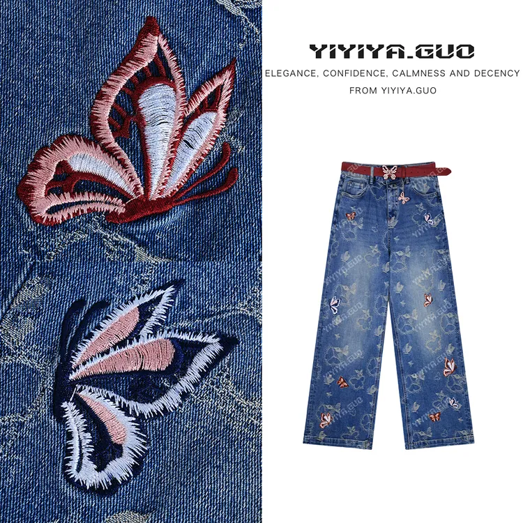 yiyiya.Guo艺艺吖【蝴蝶牛仔】百搭时尚刺绣直筒牛仔裤080201SS52