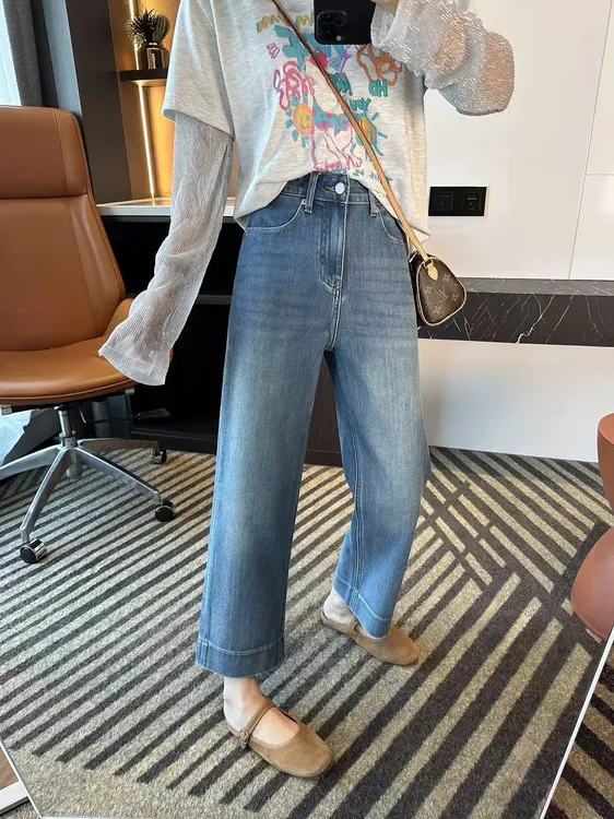 高腰九分直筒牛仔裤女2025早秋新款大码胖mm百搭显瘦弹力阔腿裤子