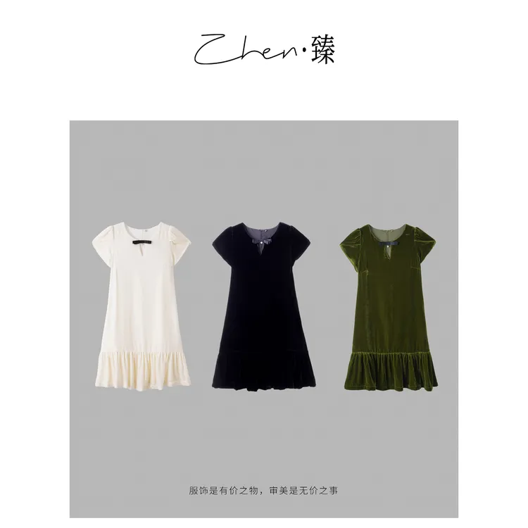 ZHEN.臻  法式赫本风气质花苞袖蝴蝶结真丝丝绒连衣裙LYQ8165Z