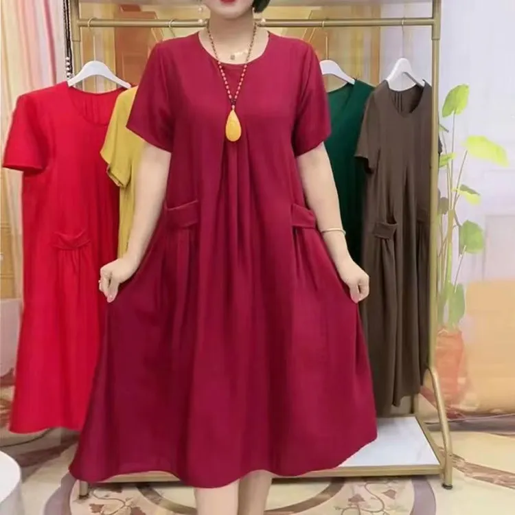 2024年夏新款大码中年妈妈宽松遮肚涤纶纯色拼贴字中长套头圆领