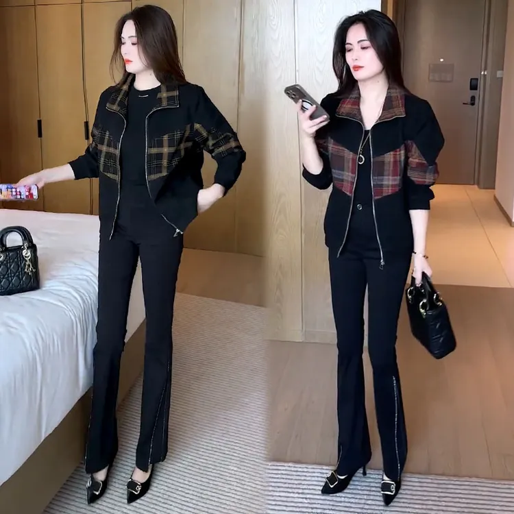 短外套女2025秋季新款洋气宽松显瘦格子拼接减龄气质百搭上衣6577