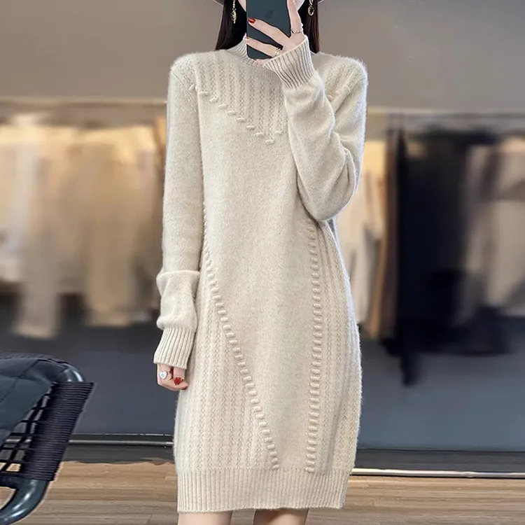 100纯羊绒衫女半高领中长款秋冬宽松百搭毛衣时尚加厚羊毛打底衫