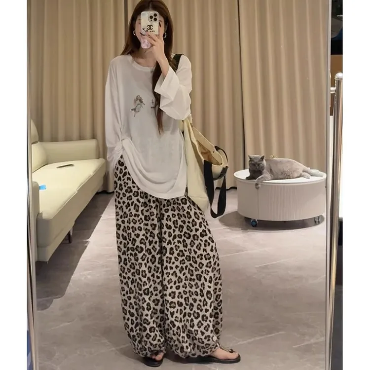 豹纹束腿灯笼裤女2025新款夏季薄款休闲透气防蚊宽松九分阔腿裤子