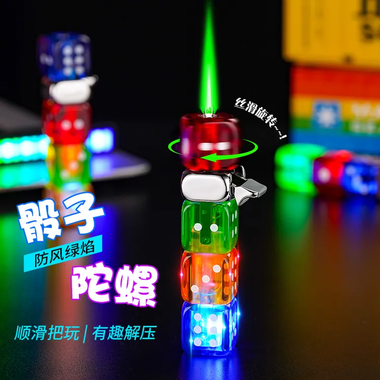 炫酷爆闪跑马灯旋转骰子打火机充气搞怪解压绿焰点烟器送男友礼物