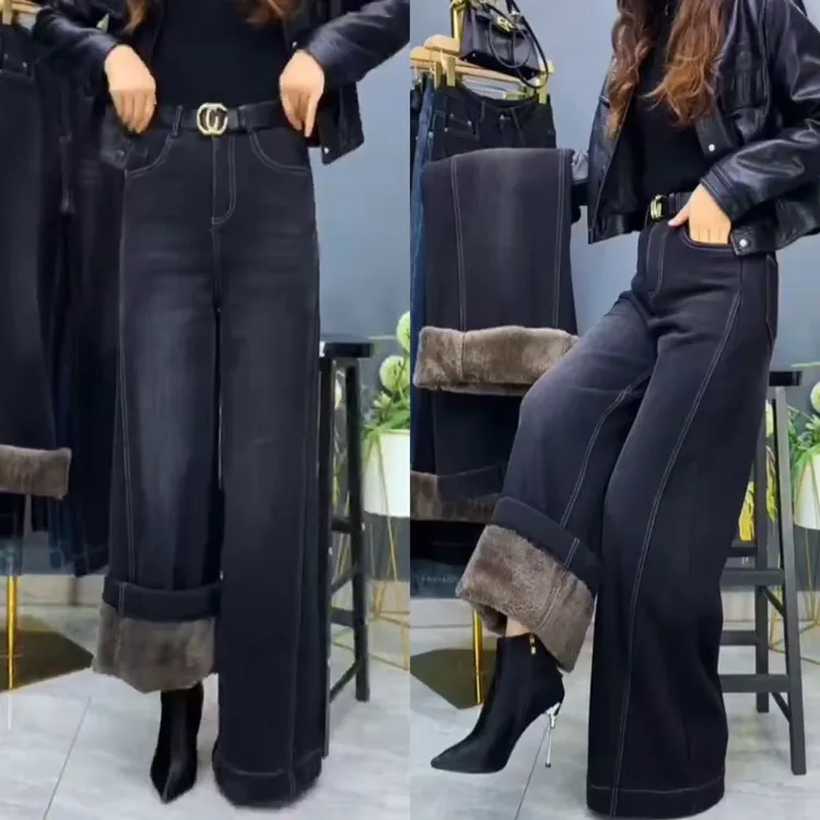 2025加绒保暖牛仔裤女秋冬款羊羔绒加厚阔腿裤高腰时尚百搭气质款