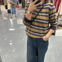 圆领彩色条纹长袖针织棉线小衫