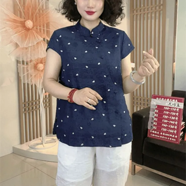 新中式休闲通勤短袖国风小衫中老年夏季网红爆款大码遮肉妈妈上衣