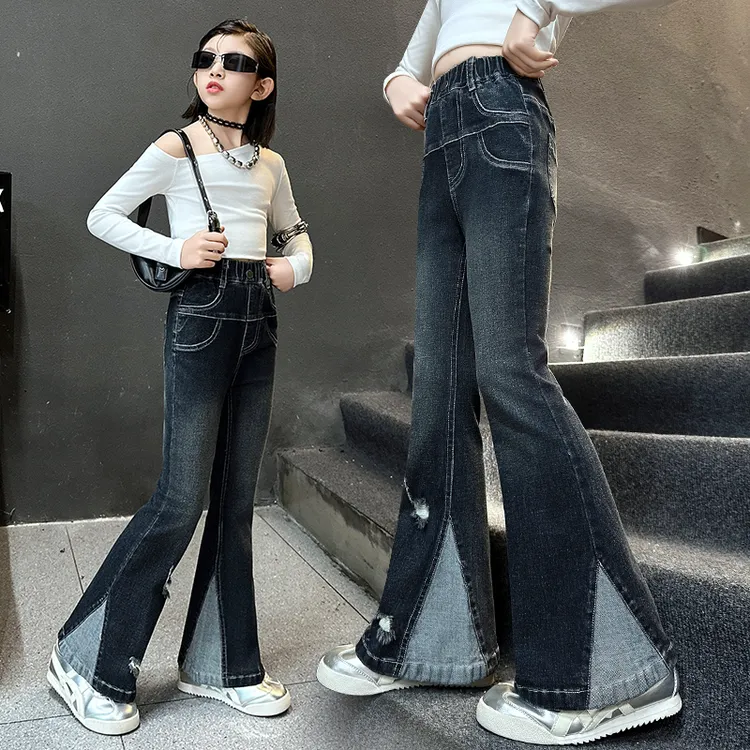 女童牛仔裤春秋款修身弹力大童喇叭裤女孩秋季微喇裤秋装儿童裤子