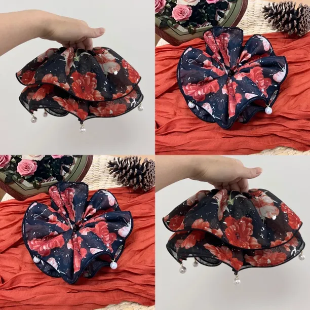 小众发饰 银片雪纺黑红花发圈（单圈带）