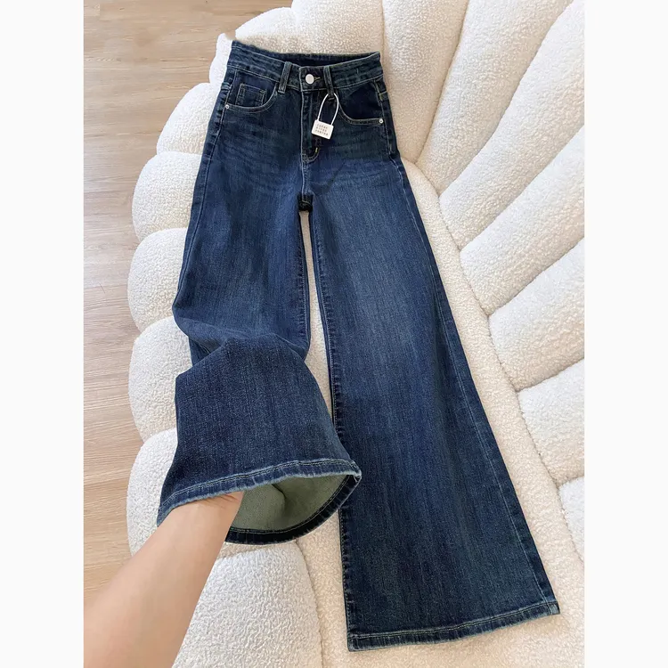 深蓝色加绒加厚微喇牛仔裤女小个子秋冬季2025年新款高腰喇叭裤子