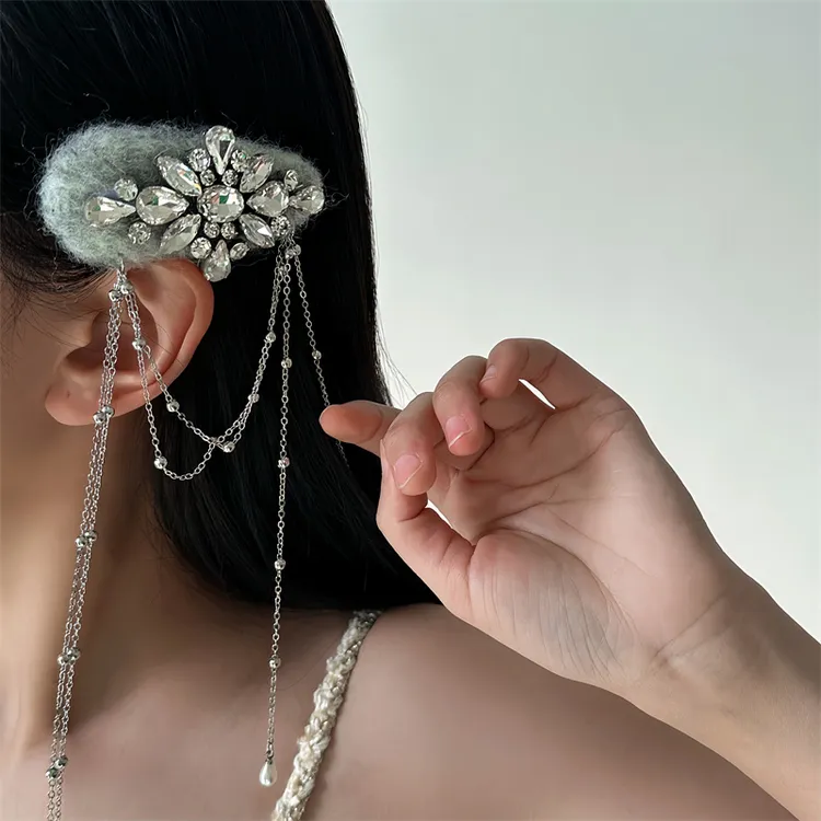 F0251-1法式轻奢毛绒珠珠流苏发夹时尚百搭小众设计感个性ins风