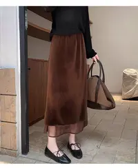 N4017丝绒拼接半身裙女高腰开叉中长裙温柔风显瘦百搭裙子5821