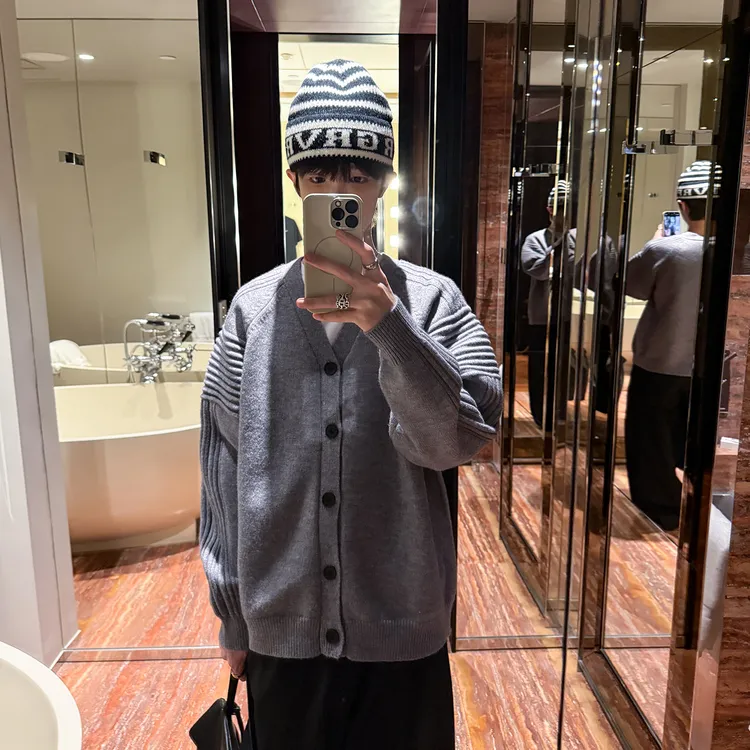 高林凡 秋季韩版V领双口袋针织开衫男女宽松慵懒风毛衣外套