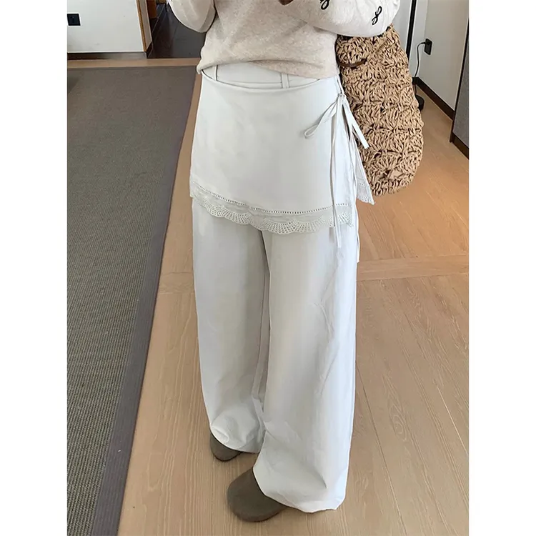 白色绑带假两件蕾丝拼接休闲裤女春夏季韩版高腰显瘦屁帘设计长裤