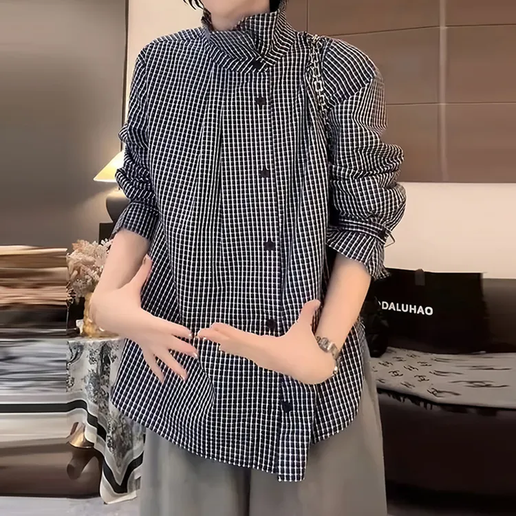2025早秋巨好看新款韩版时尚立领长袖格子衬衫女宽松显瘦百搭上衣