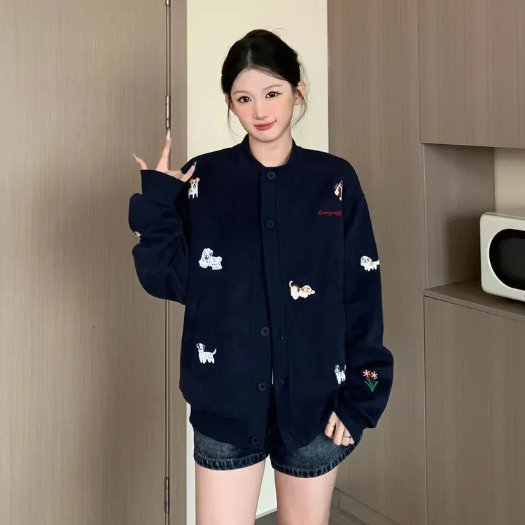 美式复古新款刺绣卡通小狗开衫外套女ins宽松情侣棒球服潮流上衣