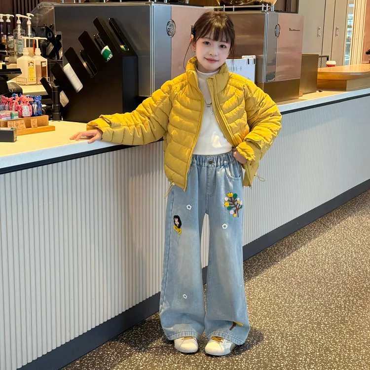 泡芙排骨风棉服女童2025冬季花朵毛巾刺绣加绒牛仔裤超轻洋气外套