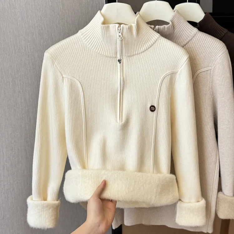 秋冬一体绒加厚保暖毛衣女新款半开领拉链针织打底衫修身内搭9272