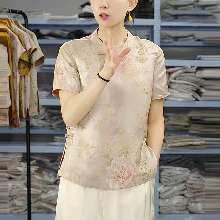 新中式复古立领唐装衬衫女短袖夏季新款国风提花上衣气质盘扣小衫