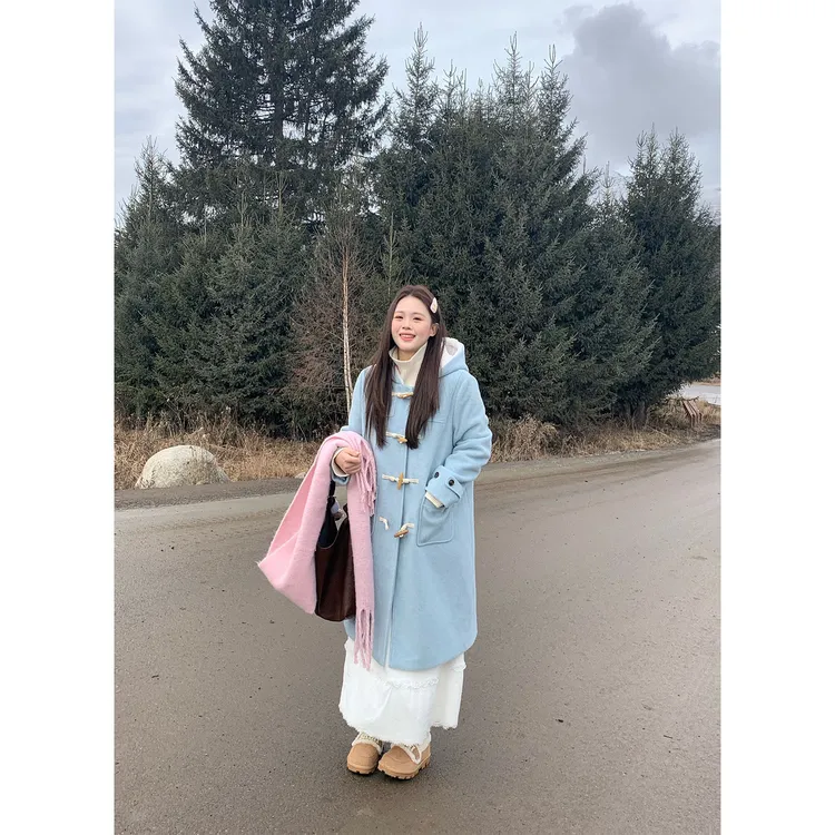 大婉酱千千【布蓝尼】大连帽！700g夹棉牛角扣大衣冬绵羊毛外套1319X