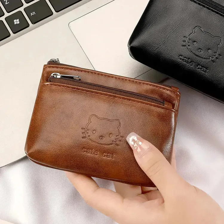 Kitty双层拉链小钱包便携证件卡包复古软皮零钱包简约硬币包