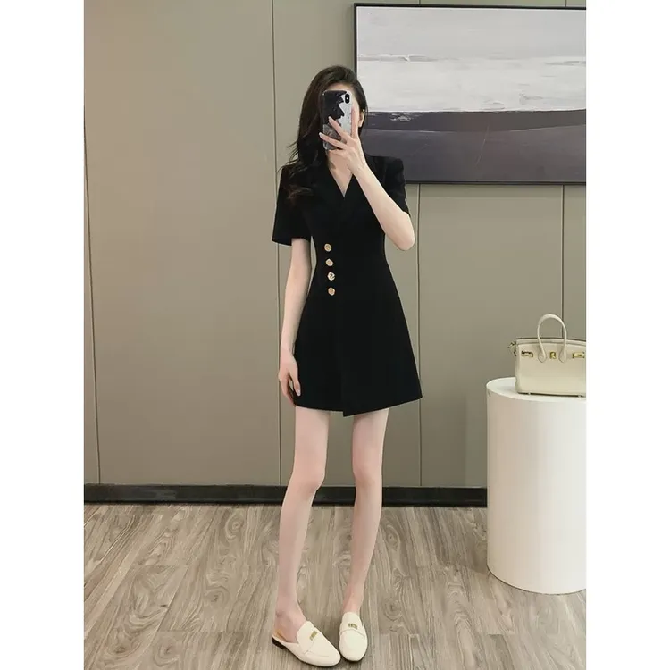高级感短袖西装短款连衣裙女夏季正式场合小黑裙职业修身显瘦裙子