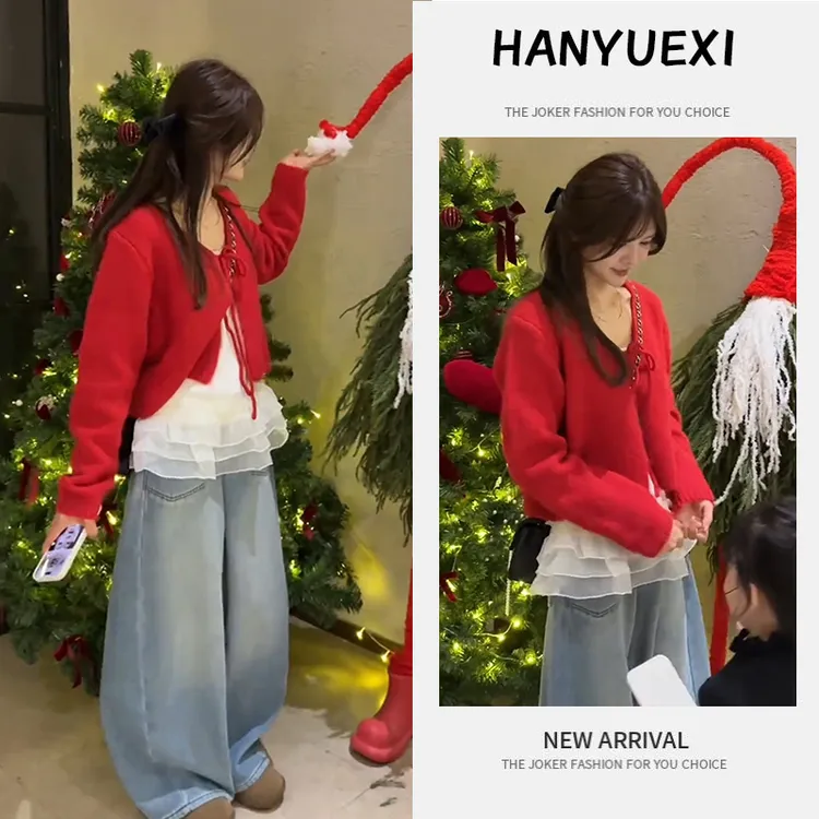 韩系时尚穿搭女2026早春新款洋气减龄假两件针织上衣牛仔裤两件套