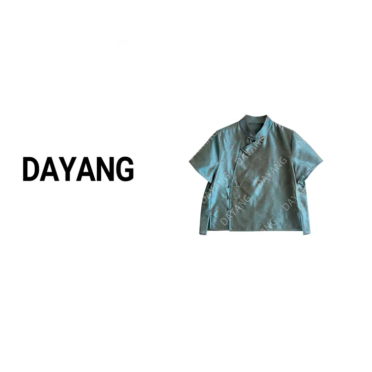 【DAYANG】艾莎公主 新中式斜襟立领浮光锦水蓝色系异色短袖上衣