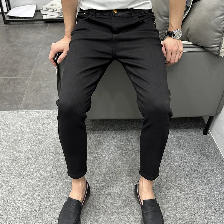 秋冬新款黑色简约百搭九分牛仔裤男潮流时尚韩版修身小脚水洗弹力