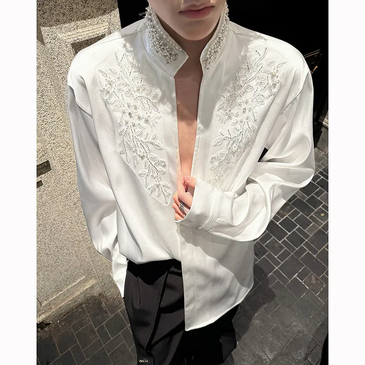 设计感潮牌个性重工珍珠刺绣立领珠花锦缎V领衬衫男小众垂感衬衣