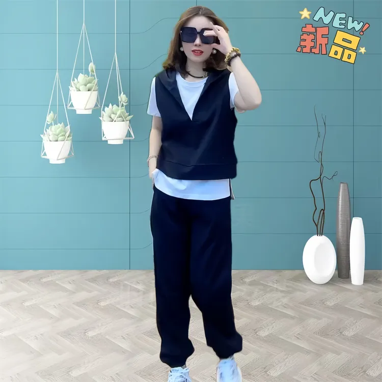 休闲运动套装女爆款夏季新款网红时尚洋气减龄宽松显瘦短袖三件套