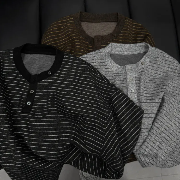 2025秋冬季新款美式潮牌复古条纹圆领毛衣宽松休闲百搭针织衫保暖