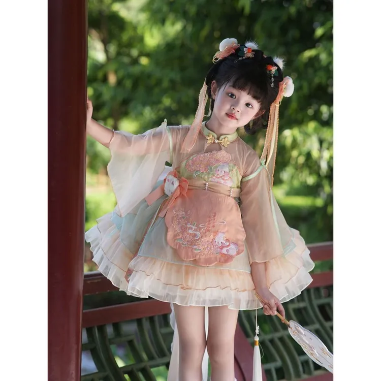 新中式女童中国荷花汉服洛丽塔新款儿童公主春秋超仙连衣裙裙子