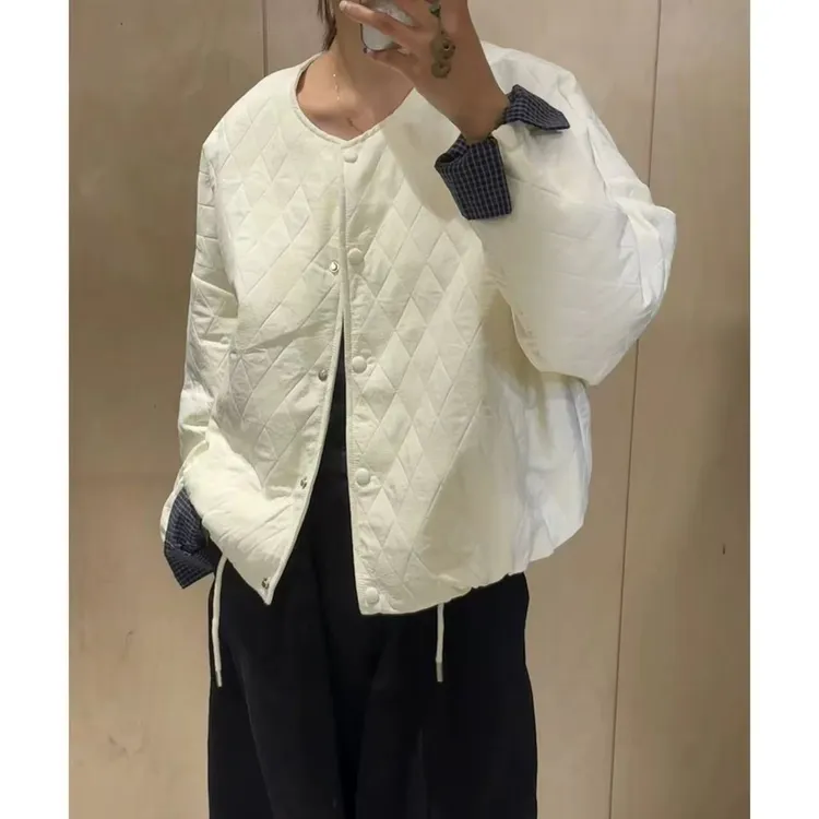 韩版时尚百搭圆领外套女2025秋季新款宽松休闲夹克轻薄棉衣上衣潮