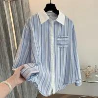 全额运费补贴春秋季条纹女衬衫蓝色宽松小众韩版翻领时尚百搭显瘦