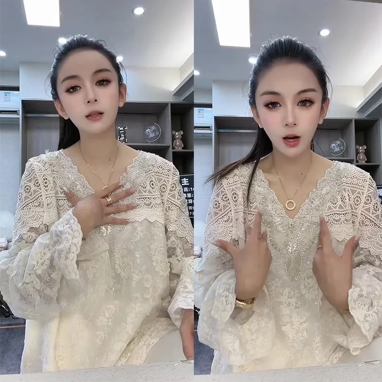 欧洲站2025秋冬新款立体花拼接重工蕾丝衫女宽松V领洋气时髦上衣