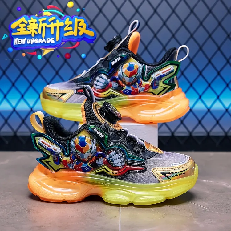 男童秋冬季新款2025变形金刚炫酷发光亮灯鞋儿童皮面跑马灯运动鞋