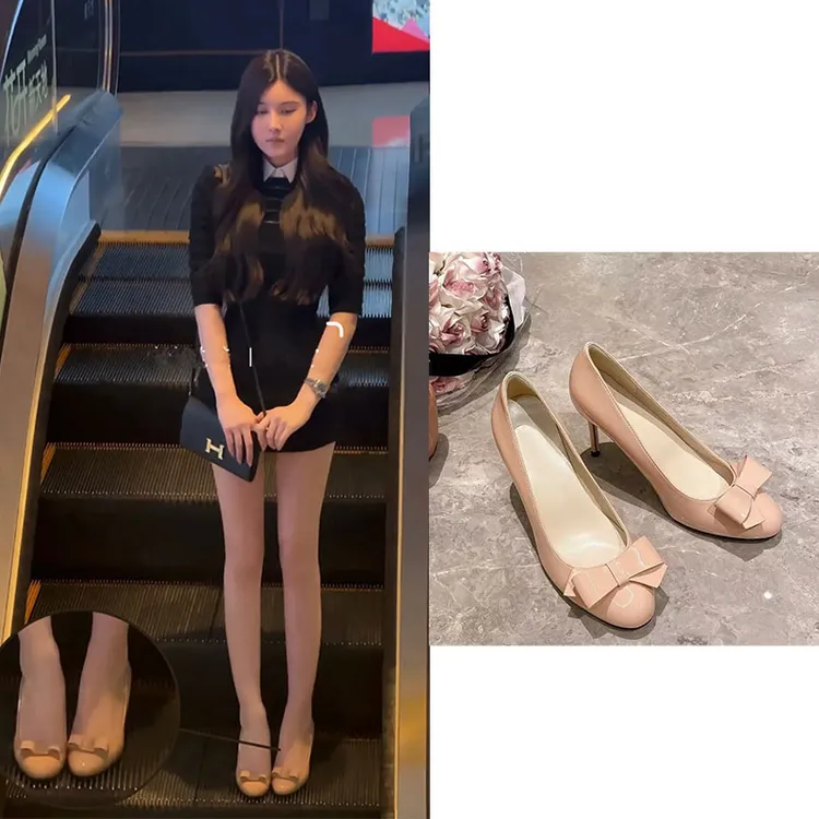 琮瑗同款法式温柔圆头侧空高跟鞋女新款仙女蝴蝶结配裙子单鞋