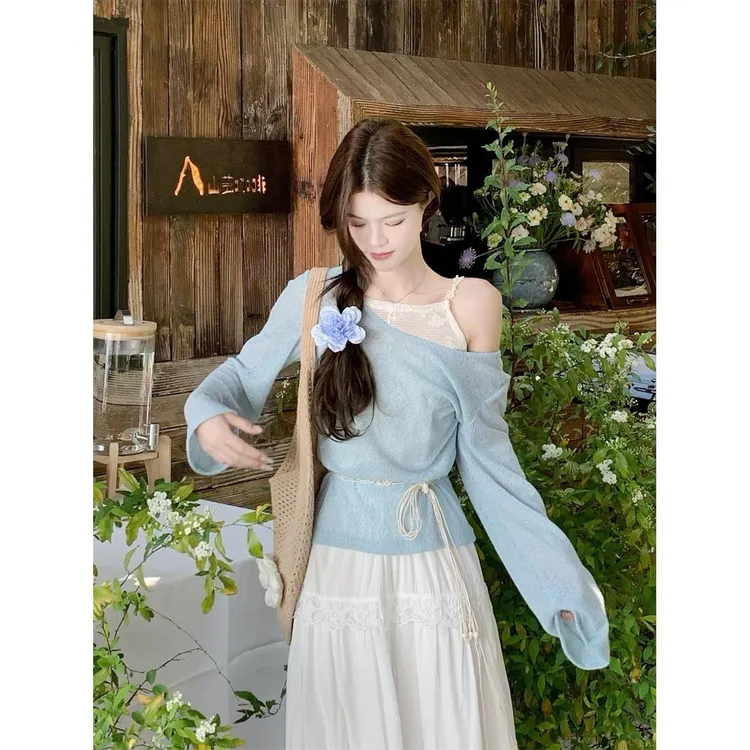 夏季度假风薄款长袖罩衫假两件镂空T恤花边蛋糕裙半身裙两件套女