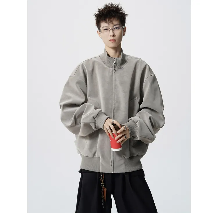 秋冬新款美式雾面扎染廓形重磅飞行夹克教练皮夹克