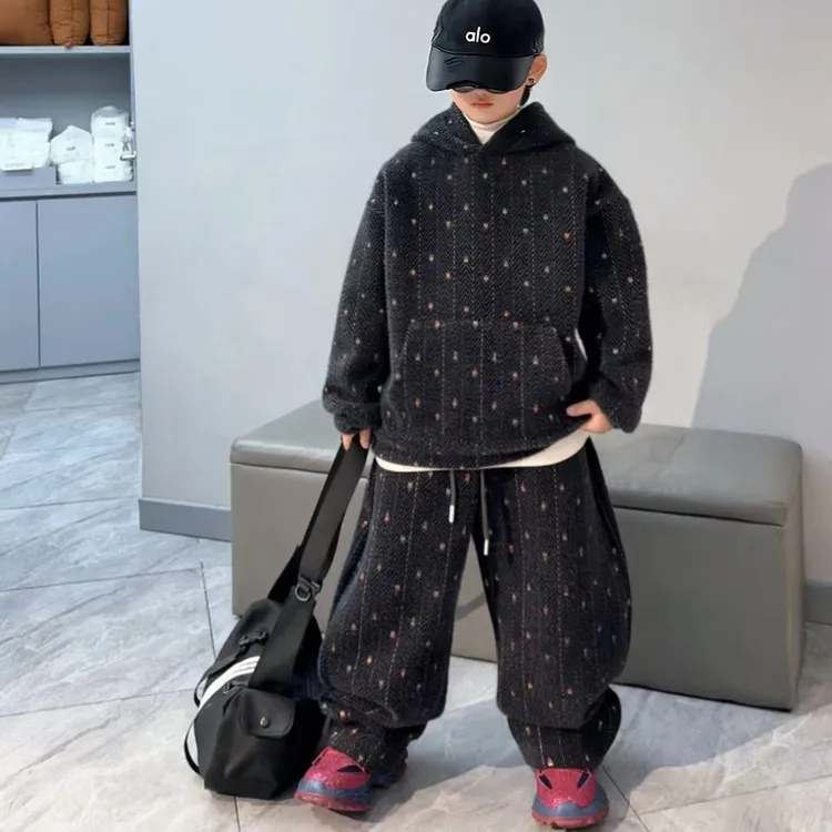 冬季复古港风男童女童套头套装大童童装加厚加绒秋冬款运动