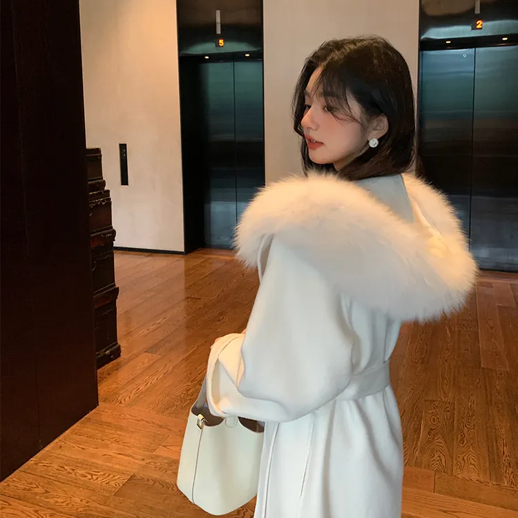 仿狐狸毛大毛领双面呢子大衣女2025冬季新款学院风连帽毛呢外套
