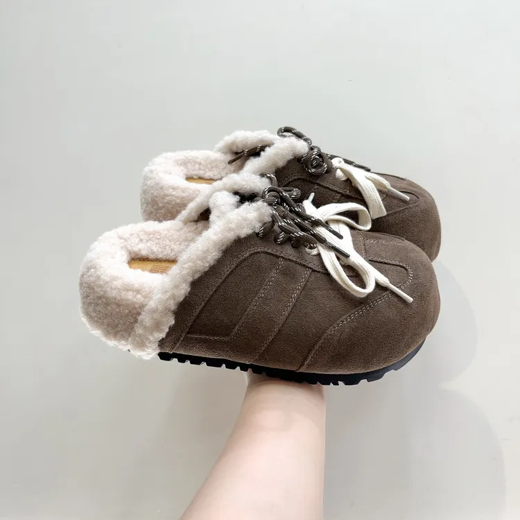 复古风磨砂皮系带厚底增高勃肯拖鞋女2025秋冬新款加绒包头半拖鞋