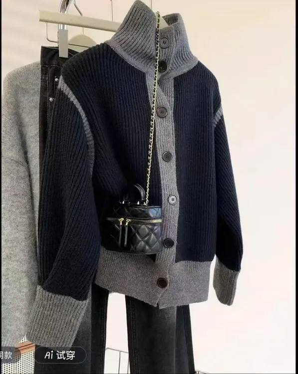黑色高领毛衣外套冬季2025新款慵懒风翻领加厚针织开衫上衣#2549