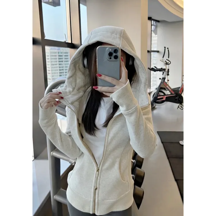 修身连帽卫衣女外套海军蓝加绒冬季